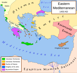 A map centred on Greece and Turkey in 1450 AD. The Byzantine Empire holds only Southern Greece and northwestern Turkey