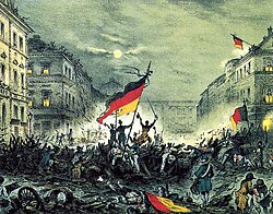 Revolutionaries in Berlin on the night of 18–19 March, flying the flag of Germany
