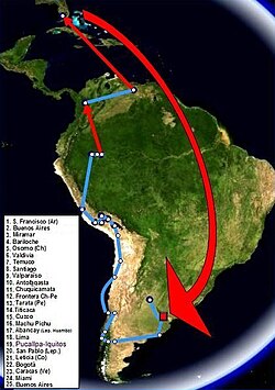 A map of Guevara's 1952 trip with Alberto Granado. Red arrows correspond to air travel.