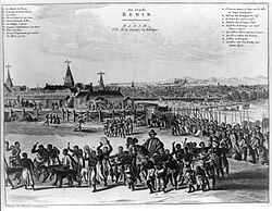 Depiction of Benin City by a Dutch illustrator in 1668. The wall-like structure in the centre probably represents the walls of Benin, housing the Benin bronze decorated historic Benin City Palace.
