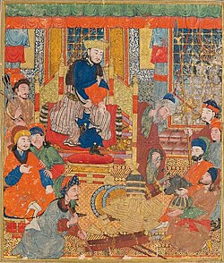 Contemporary depiction of the Il-Khanid court, in a scene of the Great Mongol Shahnamah. Tabriz or Baghdad, 1325-1335. Possibly intended to show Abaqa Khan at the Il-Khanid palace of Takht-e Soleyman.[5]