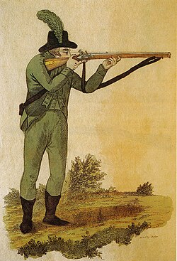 c. 1803 illustration of a 95th Rifles soldier wearing a green uniform as camouflage