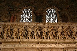 Windows and decorative reliefs of the Synagogue of El Tránsito, Toledo, constructed circa 1350.