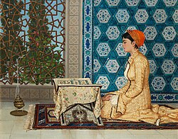 Girl Reciting the Qurān (Kuran Okuyan Kız), an 1880 painting by the Ottoman polymath Osman Hamdi Bey, whose works often showed women engaged in educational activities[318]