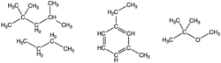 Some of the components of gasoline: isooctane, butane, 3-ethyltoluene, and the octane enhancer MTBE