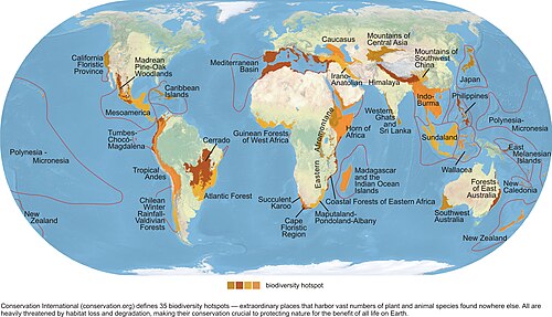 World map showing biodiversity hotspot regions.