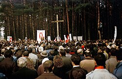 Meeting in the Kurapaty woods, 1989, where between 1937 and 1941 from 30,000 to 250,000 people, including Belarusian intelligentsia members, were murdered by the NKVD during the Great Purge