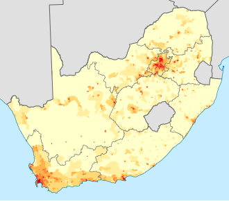 The geographical distribution of Afrikaans in South Africa: density of Afrikaans home-language speakers <1 /km2 1–3 /km2 3–10 /km2 10–30 /km2 30–100 /km2 100–300 /km2 300–1000 /km2 1000–3000 /km2 >3000 /km2