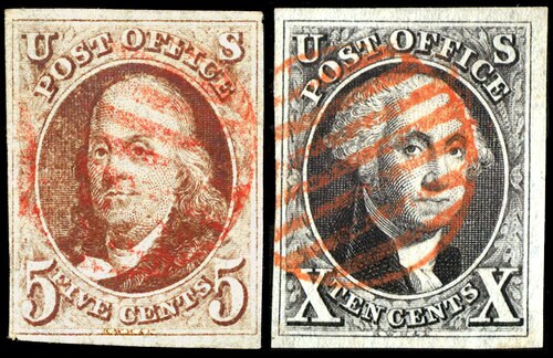 Benjamin Franklin — George Washington The First U.S. Postage Stamps, issued 1847. The first stamp issues were authorized by an act of Congress and approved on March 3, 1847.[20] The earliest known use of the Franklin 5¢ is July 7, 1847, while the earliest known use of the Washington 10¢ is July 2, 1847. Remaining in postal circulation for only a few years, these issues were declared invalid for postage on July 1, 1851.[21]