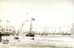 A watercolour by William Lionel Wyllie showing the royal yacht reviewing the lines of warships at the Spithead review.
