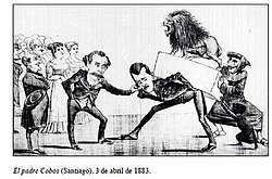 Caricature in the Chilean magazine Padre Cobos. Minister Balmaceda washes his hands of responsibility and orders Intendent of Santiago Benjamín Vicuña Mackenna to get rid of the heavy Peruvian lion. The Santiago elite observes with pleasure the arrival of the statue. "Padre Cobos" and a black child play around.