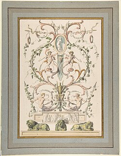 Design of a Louis XVI style arabesque, by Étienne de La Vallée Poussin, c.1780–1793, pen and gray and brown ink, brush and colored wash, Metropolitan Museum of Art