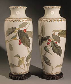 Imperial vases by Ando Jubei, with the chrysanthemum crests of the Imperial family, using moriage to slightly raise the design; Khalili Collection of Japanese Art