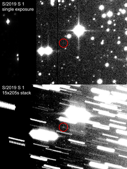 This image demonstrates the application of the shift-and-add technique to the detection of a faint moon of Saturn (S/2019 S 1; circled in red). While the moon is barely visible in an individual image (top panel), it can be seen better when many images of the moon are taken, stacked to the moon's motion and then added together (bottom panel)