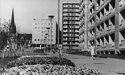 Inner-city Plattenbau architecture in 1974, with St. John's Church in background