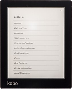 A Kobo Aura's settings menu