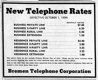 1959 rates for telephone lines in Indiana. Subscribers in town could choose an individual line or a line shared by two or four parties. All rural lines were party lines shared with several neighbors.