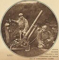 French soldiers operating a compressed-air trench mortar of 86-millimetre calibre