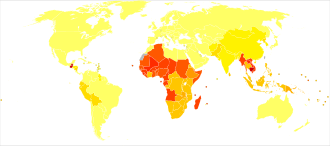 Disability-adjusted life year for intestinal nematode infections per 100,000 in 2002. < 25 25–50 50–75 75–100 100–120 120–140 140–160 160–180 180–200 200–220 220–240 > 240 no data