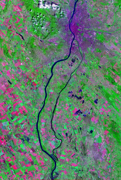 Satellite picture of Csepel Island in Hungary which is south of Budapest city centre