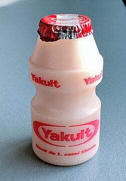Yakult, a probiotic milk-like product made by fermenting a mixture of skimmed milk with a special strain of the bacterium Lactobacillus casei Shirota