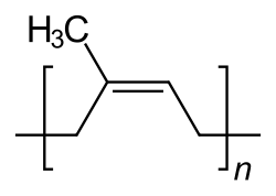 Structure of natural rubber, exhibiting the characteristic methyl group on the alkene group