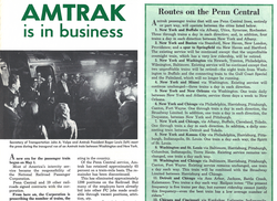 Penn Central Railroad's employee publication announcing the inauguration of Amtrak on May 1, 1971. Penn Central Amtrak routes are listed.