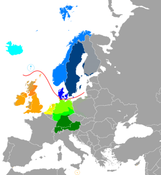 Extent of Germanic languages in present-day Europe: North Germanic languages West Germanic languages Dots indicate areas where it is common for native non-Germanic speakers to also speak a neighbouring Germanic language. Lines indicate areas where it is common for native Germanic speakers to also speak a non-Germanic or other neighbouring Germanic language.