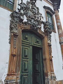 Door of the Church of São Francisco de Assis in Ouro Preto, with work by Aleijadinho in the Brazilian Baroque style