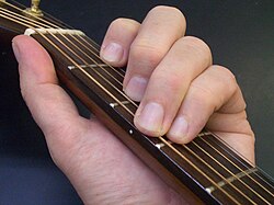 A player performing a chord (combination of many different notes) on a guitar