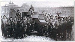 Provisional Government's volunteer soldiers secure Petrograd's Palace Square with the Austin Armoured Car, summer 1917.