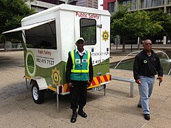 A CCID trailer, guard and manager in the city centre providing additional security to the local area.[297]