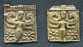 Gold plaques embossed with winged bee goddesses, perhaps the Thriai, found at Camiros in Rhodes, 7th century B.C.