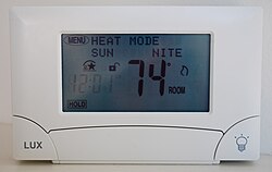 Lux Products' Model TX9000TS Touch Screen Thermostat.