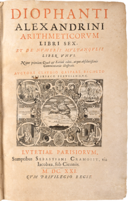 Title page of the 1621 edition of Diophantus' Arithmetica, translated into Latin by Claude Gaspard Bachet de Méziriac