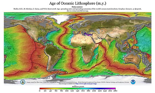 Age of the ocean crust [14] In this diagram the youngest parts of the ocean crust are coloured red. These young parts are found either side of the mid-ocean ridge. New crust emerges and spreads out from this ridge, which traverses central parts of the ocean.