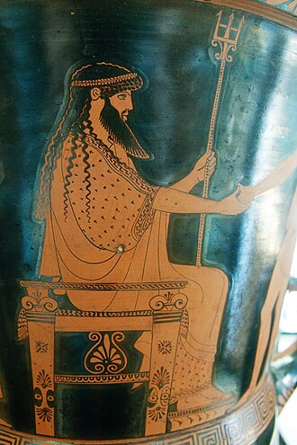 Poseidon greeting Theseus (on the right). Detail, Attic red-figured calyx-krater by Syriscos Painter, 450-500BC from Agrigento. BnF Museum (Cabinet des médailles), Paris