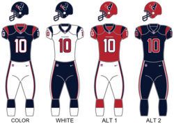The Texans' uniform set from 2002 to 2023. The red helmet was introduced in 2023, the Color Rush uniform was introduced in 2017, and the red pants were briefly worn from 2007 to 2010 before being reintroduced in 2023.