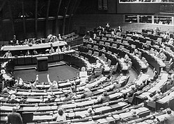 A plenary session in the Palace of Europe in April 1985, in Strasbourg, France. It was the EP's hemicycle until 1999 when a new building was constructed in Strasbourg, France.