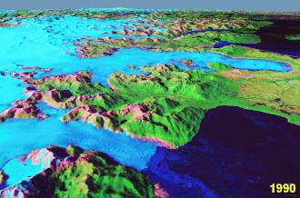 Retreat of San Rafael Glacier from 1990 to 2000. San Quintín Glacier is shown in the background