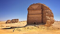 Qaṣr Al-Farīd, the largest of the 131 rock-cut monumental tombs built from the 1st century BCE to the 1st century CE, with their elaborately ornamented façades, at the extensive ancient Nabatean archaeological site of Hegra located in the area of Al-'Ula within Al Madinah Region in the Hejaz. A UNESCO World Heritage Site since 2008.
