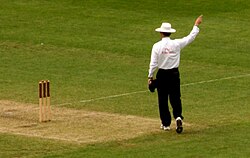 An umpire signals a decision to the scorers.