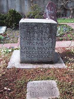 The grave of Thomas, Katia, Erika, Monika, Michael, and Elisabeth Mann, in Kilchberg, Switzerland. The gravestone is modeled on a Roman stele.