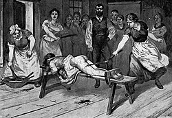 Corporal punishment in a women's prison in the United States (ca. 1890)