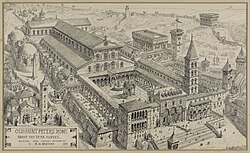 A 19th-century illustration by Henry William Brewer of Old St. Peter's Basilica, built in 318 by Constantine the Great