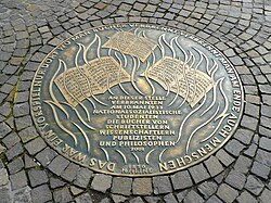 Memorial for book burning in 1933; on the ground of Römerberg Square in front of Frankfurt city hall, Hesse, Germany