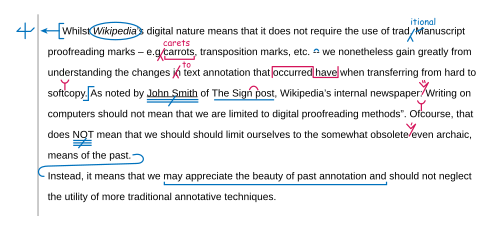 Text annotated with proofreading marks to the ISO 5776 standard[5]