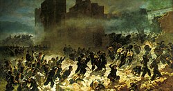 Bersaglieri troops breaching the Aurelian Walls at Porta Pia during the Capture of Rome (1870), the final event of the Italian unification. Painting by Carlo Ademollo.