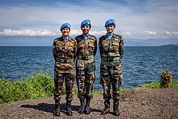 Three female UN Peacekeepers from the Indian Army celebrate International Day of the UN peacekeeper 2023 (on 25 May) in Goma, North Kivu, DRC