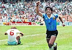 Diego Maradona celebrating his second goal (considered "the best goal in World Cup history") during the 1986 FIFA World Cup.
